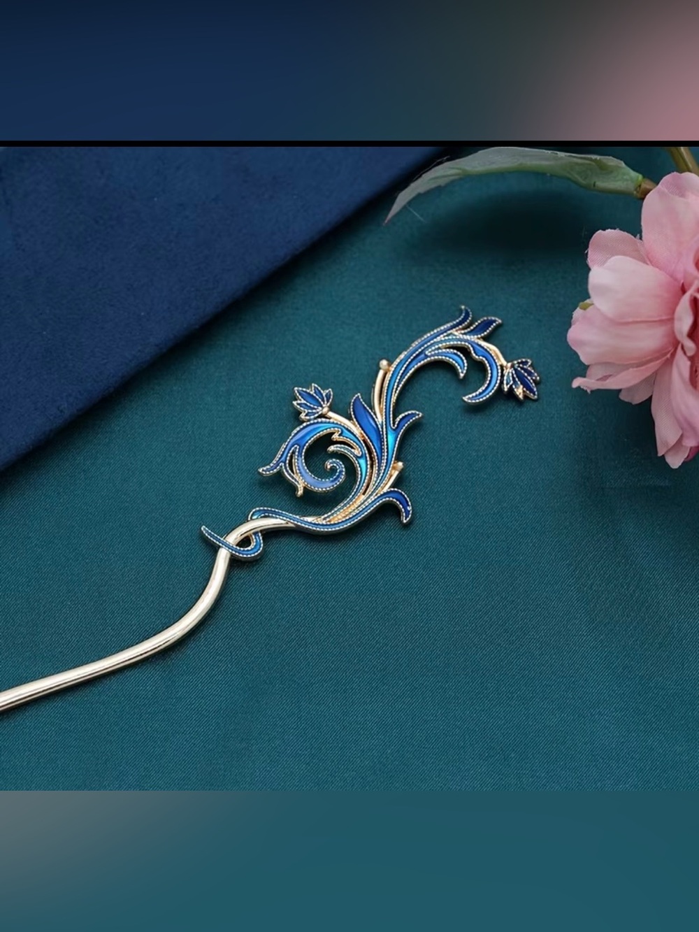 Gold-Tone Blue Enamel Floral Hair Stick - Women’s Hair Accessory
